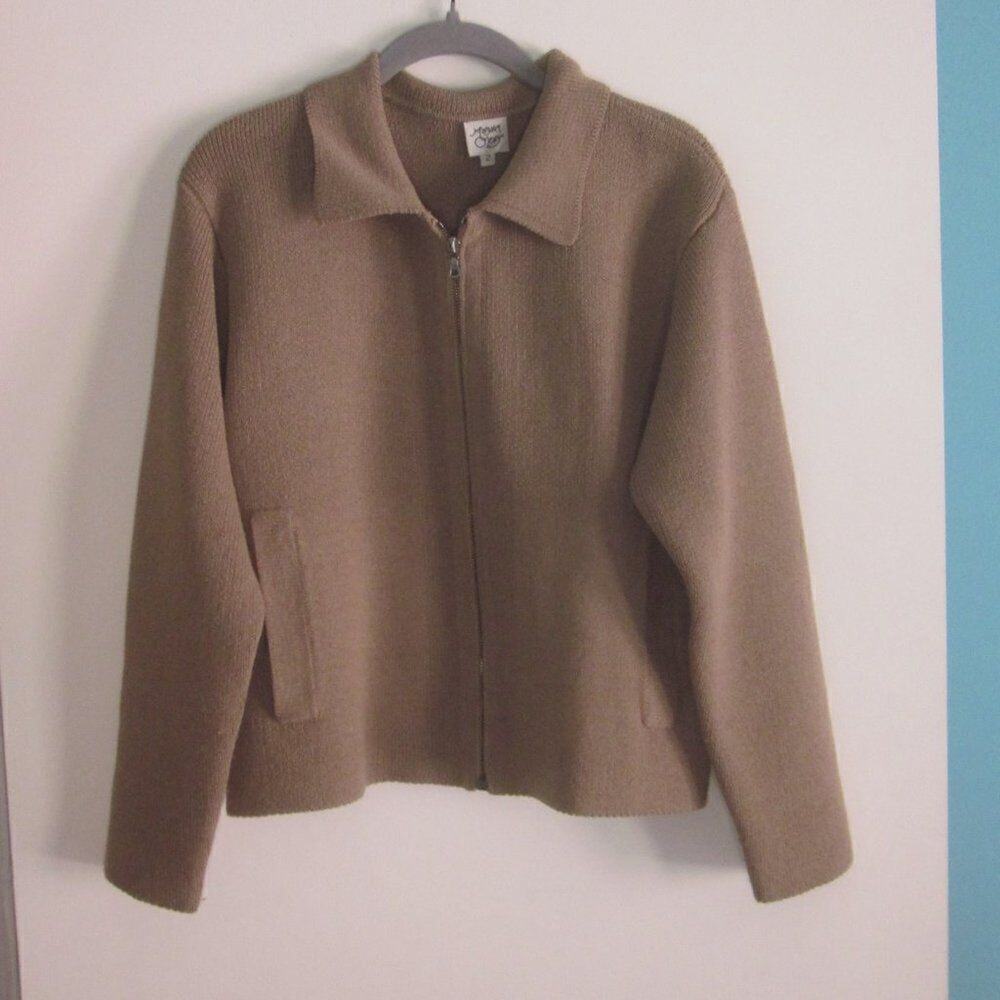 Vintage Margaret O'Leary Size M / L Tan Knit Zip Front Wool Blend Cardigan Top
